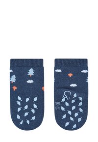 Marineblaue Socken mit hellblauen und orangefarbenen Baum- und Wolkenmustern; strukturierte Gummi-Griffmuster an den Sohlen; Knöchelhöhe.