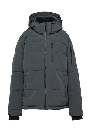Graue Puffjacke mit Kapuze, ausgestattet mit einem horizontalen Steppdesign, zwei eingearbeiteten Reißverschlusstaschen auf der Brust und elastischen Bündchen. Glatte Stoffoberfläche.