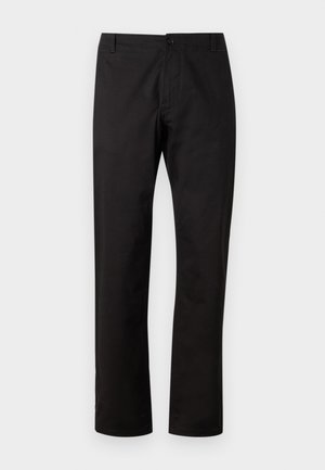 Black trousers with a straight cut. Made from smooth fabric featuring a front button closure and belt loops. No visible patterns or accents.