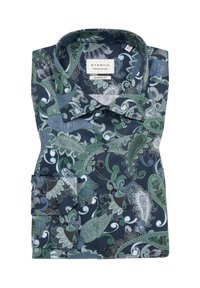 Navyblauwe paisley shirt met groene en zilveren accenten. Gemaakt van zachte stof, met een moderne pasvorm, knoopsluiting en borstzak.