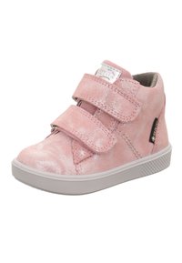 Rosa Wildleder High-Top Sneakers mit silbernem Glitzer-Detail, doppelten Klettverschlüssen, Gummisohle und grauem Innenfutter. Mit kleiner Logo-Tag.