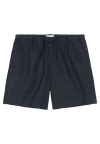 Pantalones cortos de lino azul marino oscuro con cintura elástica, cordón, bolsillos laterales y acabado de dobladillo sin costuras. Textura suave y ajuste relajado.