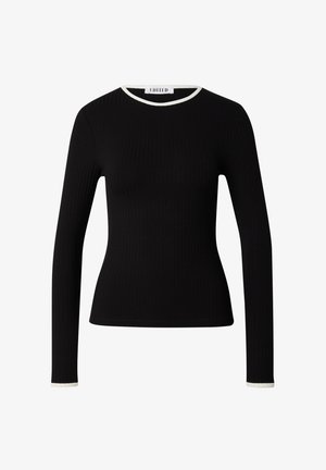 Schwarzes, geripptes Langarmoberteil mit figurbetonter Silhouette und kontrastierendem weißen Saum am Ausschnitt und an den Ärmelbündchen.