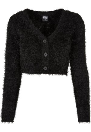 Sort fluffy cropped cardigan med lange ærmer, dyb V-hals og frontal knaplukning med fire runde sorte knapper.
