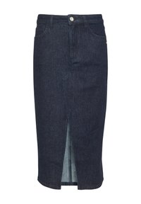 Dunkelblauer Jeans-Bleistiftrock mit Schlitz vorne, dezenten Nähdetails und normaler Taille mit Knopfverschluss.