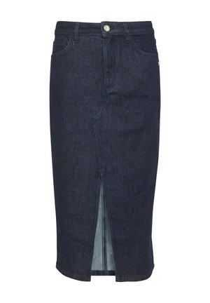 Jeansowa spódnica ołówkowa w ciemnoniebieskim kolorze z rozcięciem z przodu, subtelnymi detalami w szwie oraz standardowym pasem z zapięciem na guzik.
