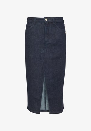Jeansowa spódnica ołówkowa w ciemnoniebieskim kolorze z rozcięciem z przodu, subtelnymi detalami w szwie oraz standardowym pasem z zapięciem na guzik.