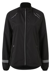 Zwarte windbreakerjack met een ritssluiting aan de voorkant, hoge kraag, reflecterende accenten, twee zijzakken en een gestructureerde polsbanddetail.