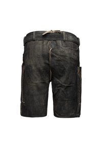 Black leather shorts featuring a drawstring waistband, side pockets, and visible stitching details. Textured surface with a worn appearance.