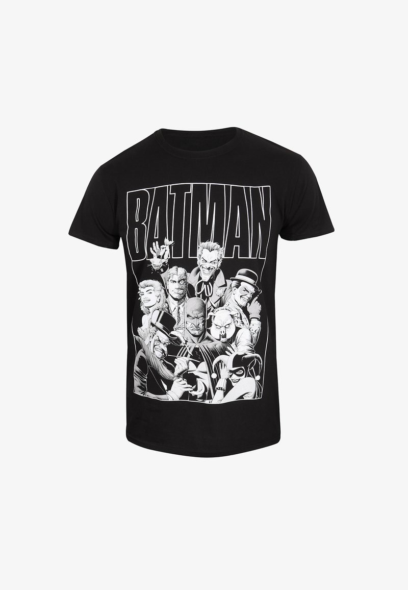 Černé bavlněné tričko s velkým grafickým motivem Batmana a různých padouchů v bílém obrysu, centrální text "BATMAN" nad designem.
