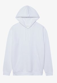 Sudadera blanca hecha de una tela suave, con capucha ajustable, bolsillo canguro frontal y puños y dobladillo acanalados. Textura lisa.