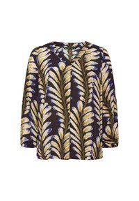 Blusa a maniche lunghe di colore viola scuro con un motivo di foglie gialle, bianche e blu. Presenta una scollatura a V e una vestibilità ampia.