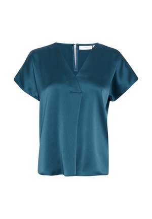 Teal korte mouwen blouse van een gladde, lichte stof. Heeft een diepe V-halslijn en een ritssluiting aan de achterkant. Een strak, eenvoudig ontwerp met een subtiele structuur.