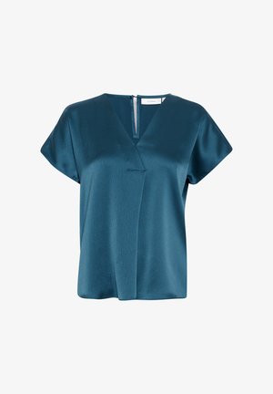 Blusa verde acqua a maniche corte in un tessuto leggero e liscio. Caratterizzata da una profonda scollatura a V e una cerniera sulla schiena. Design pulito e semplice con una texture sottile.