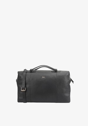 Black leather duffle bag, rectangular shape, smooth texture, dual handles, adjustable strap, gold hardware accent, zip closure on top.