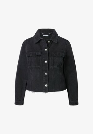 Schwarze Jeansjacke mit verkürztem Schnitt, silbernen Knöpfen, zwei Brusttaschen und fransigen Saumkanten. Strukturierter Stoff mit klassischem Kragen.