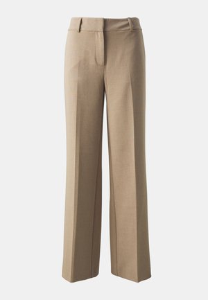 Beige, wide-leg trousers with a smooth fabric, tailored waistband, and front pleats. Features a clean design without visible pockets or embellishments.
