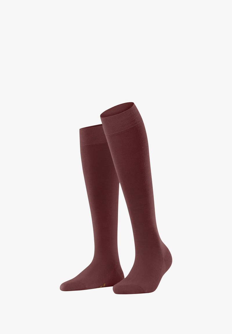Maroon knee-high socks displayed upright, featuring a smooth texture and subtle ribbed pattern, against a plain white background.