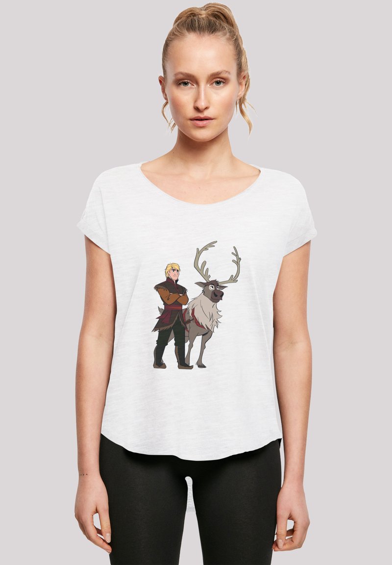 Vitt kortärmat t-shirt med en tryckt design av en karaktär och en ren, med avslappnad passform och mjuk textur.