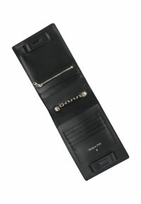 Black leather wallet featuring a zippered pocket, card slots, and a silver chain strap. Smooth texture with embossed logo detail.