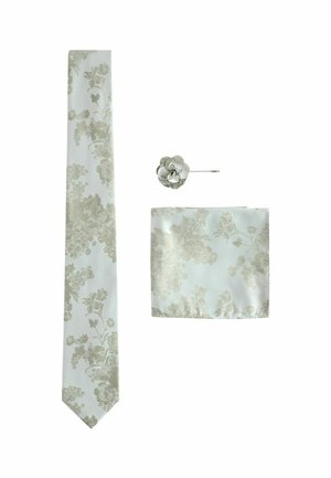 Cravate en soie à motif floral en menthe légère, accompagnée d'un mouchoir de poche assorti et d'une épingle de revers en forme de fleur, le tout avec une finition brillante.