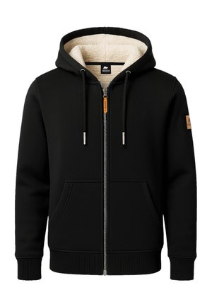 Zwarte rits-hoodie met een crèmekleurige fleece voering, voorkruiszakken, trekkoorden, ribgebreide manchetten en een bruin logo-patch op de linkermouw.
