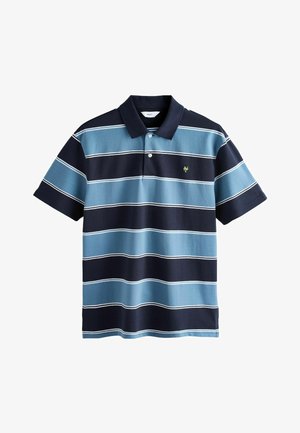 Rövid ujjú, tengerészkék és világoskék galléros póló, fehér vízszintes csíkokkal és egy kis sárga logóval a bal mellrészen.