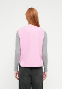 Rosa fluffy vest med rund hals, lagt over en lys grå langermet topp. Mørk grå bukser synlige under. Enkelt design.