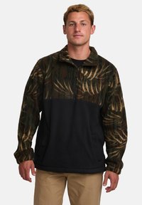 Fleece pullover in dark green and black, featuring a zip neck, patterned leaves on the shoulders, and a textured, soft fabric.