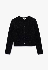 Schwarze, kürzere Strickjacke aus strukturiertem Stoff mit glitzerndem Finish. Mit Rundhalsausschnitt, Knopfleiste und zwei vorderen Taschen.