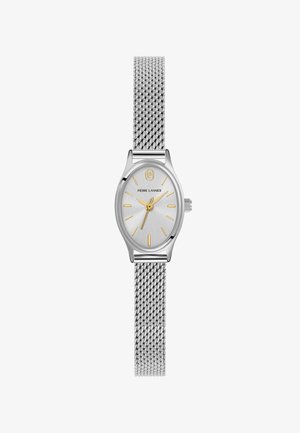 Strieborné dámske náramkové hodinky s oválnym ciferníkom, zlatými hodinovými značkami a ručičkami, kovovým sieťovaným remienkom, zobrazujúci čas 10:10:35, značky "Pierre Lannier".