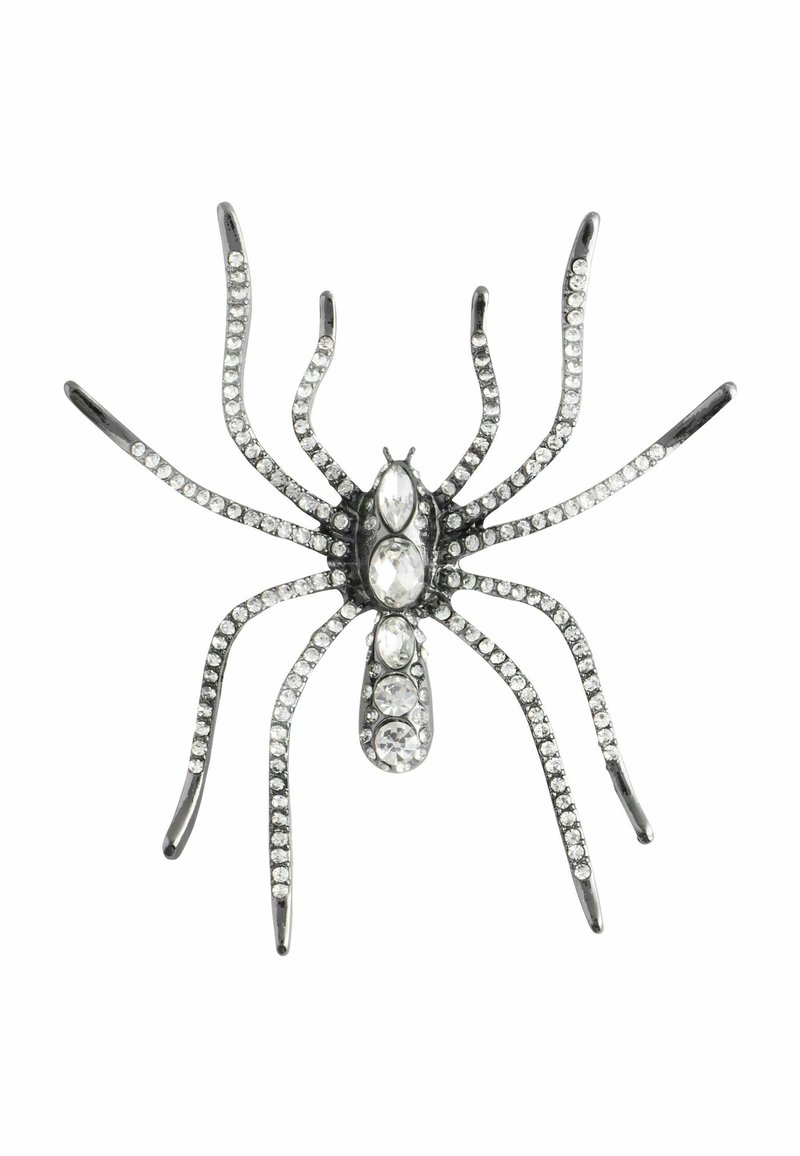 Broš s oblikom pauka ukrašen prozirnim rhinestones na metalnom okviru, s osam detaljno izrađenih nogu i segmentiranim tijelom.