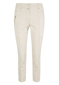Pantalon beige slim avec fermeture à double bouton, passants pour ceinture, poche zippée sur le côté, et coutures apparentes à l'avant et sur les jambes.