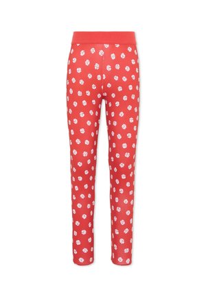 Pantaloni slim fit rossi con stampa floreale bianca e ampia fascia elastica in vita, mostrati di spalle su sfondo bianco.