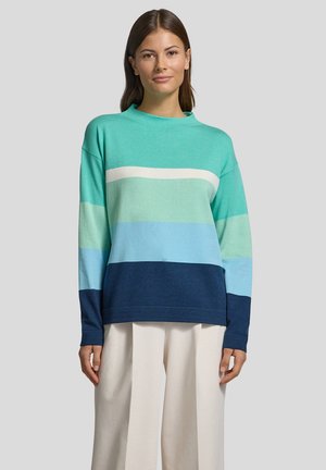 Mehrfarbiger Pullover mit breiten horizontalen Streifen in Teal, hellblau, weiß und marineblau. Lockere Passform, weicher Stoff und Rundhalsausschnitt.