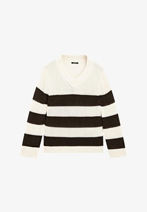Pull-over à col en V rayé avec des bandes larges alternées en crème et marron foncé, texture tricotée et manches longues.