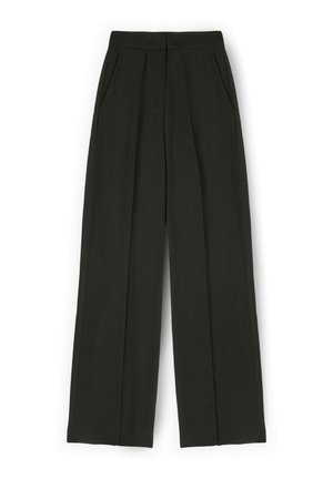 Pantalones negros de talle alto de corte ancho, con bolsillos laterales y pliegues delanteros, diseñados para un ajuste suelto y entallado.