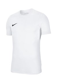 Weißes Kurzarm-Sportshirt aus glattem Stoff mit Rundhalsausschnitt und kleinem schwarzen Nike-Swoosh-Logo auf der linken Brust.