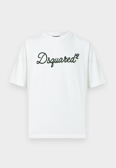 White cotton t-shirt with short sleeves featuring a black embroidered logo "Dsquared²" on the front in a cursive font.