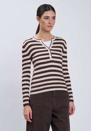 INFLUENCER, INFLUENCER PULLOVER HENLEY NECK STRIPED PULLOVER - Pullover - brown