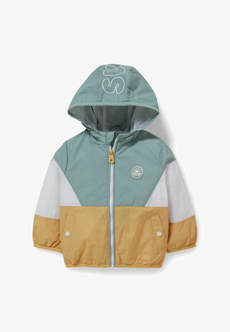 Veste à capuche pour enfants aux blocs de couleurs vert, blanc et jaune, avec fermeture éclair à l'avant, poches à boutons-pression et logo « Sunshine on My Mind ».