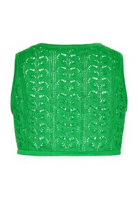 Groene gebreide crop top met een bladerenpatroon, een gestructureerde stof en een geribbelde zoom. Het design aan de achterkant toont een opengewerkte stijl en levendige kleur.