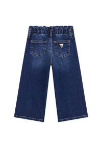 Džínové culottes s elastickým pasem, tmavě modré barvy, se dvěma zadními kapsami a detailem loga na pravé kapse.