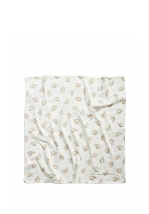 Pehmeä valkoinen vauvan peitto, jossa toistuva vaaleanruskea nallekarhukuvio ja hienovaraisesti ripotellut pienet tähdet.