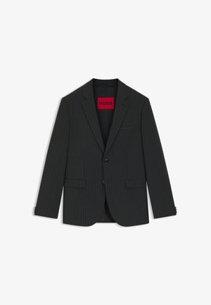 Schwarzer Blazer mit Nadelstreifen, einem Ein-Knopf-Verschluss, Reverskragen, zwei vorderen Taschen und einem roten HUGO-Label innen.