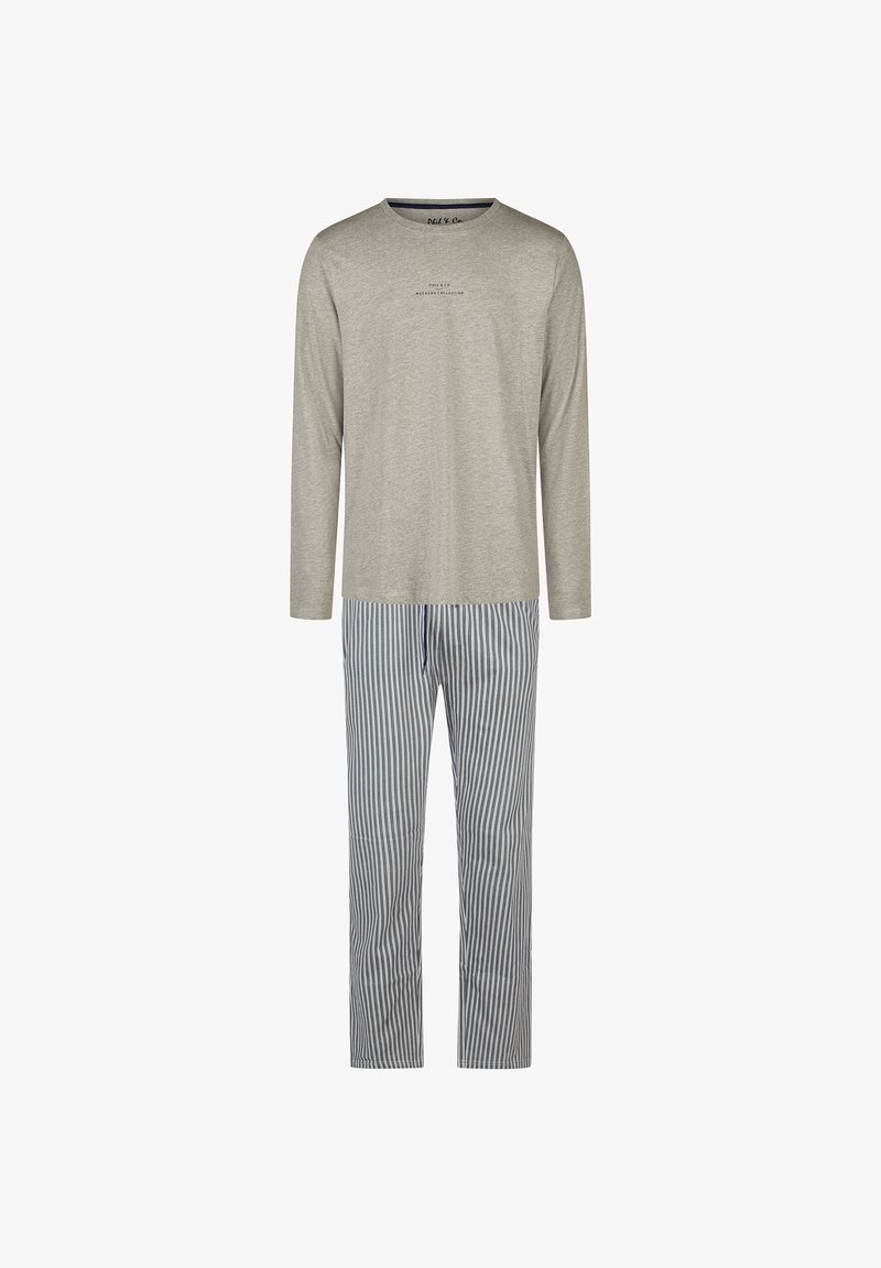 Ensemble de pyjama composé d'un haut à manches longues gris clair avec un petit texte sur la poitrine et d'un pantalon ample à rayures verticales grises et blanches.
