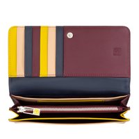 Leather wallet featuring multiple card slots in burgundy, yellow, and navy. Includes zippered compartment and snap closure. Smooth texture.