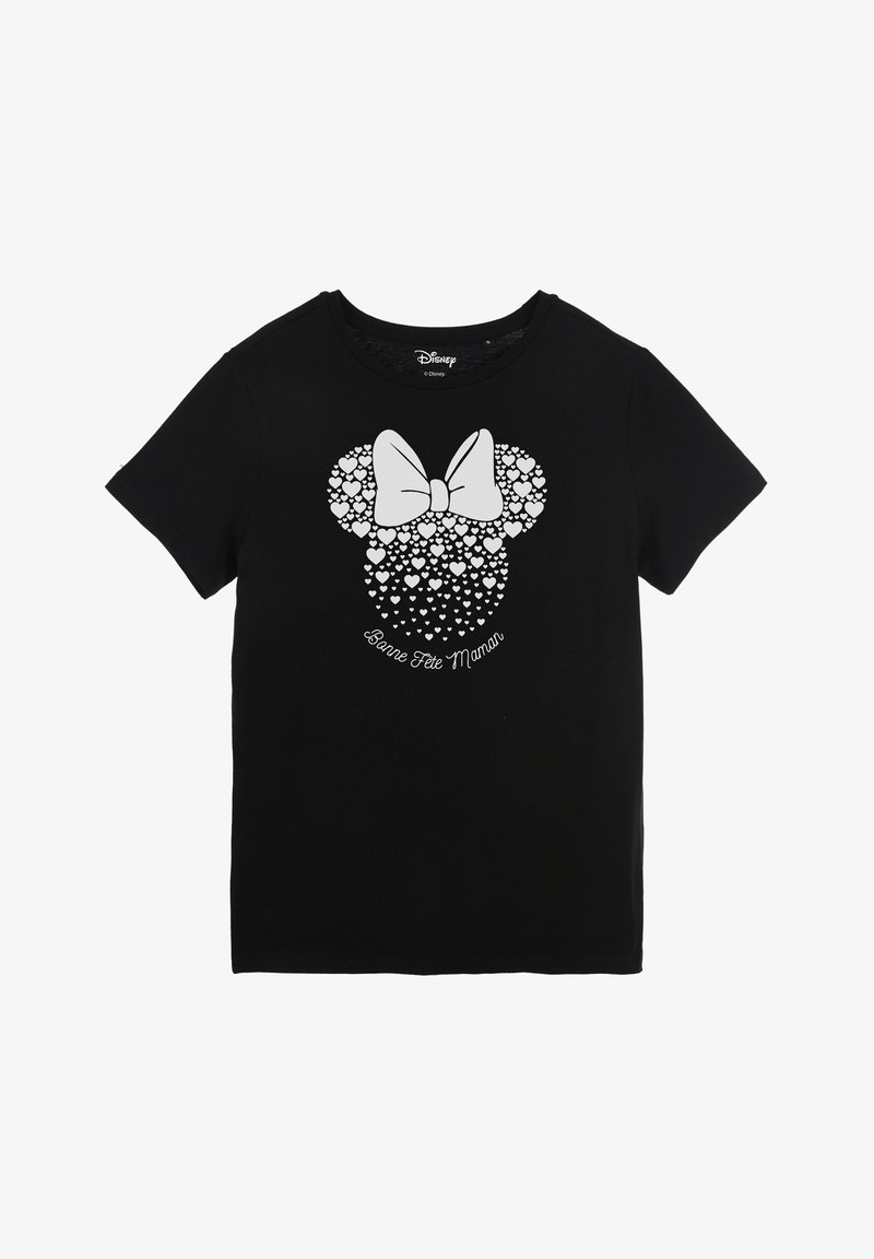 Schwarzes Baumwoll-T-Shirt mit einem grafischen Design von Minnie Maus, das aus weißen Herzen besteht, akzentuiert mit einer großen weißen Schleife und Text darunter.