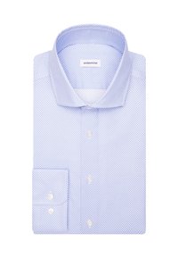 Camicia azzurro chiaro con piccolo motivo geometrico, colletto aperto, polsini con bottoni e bottoni bianchi, piegata ordinatamente.
