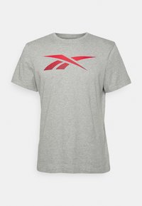 Šedé tričko s krátkým rukávem a kulatým výstřihem s červeným abstraktním logem umístěným na hrudi, prezentováno na čistém bílém pozadí.